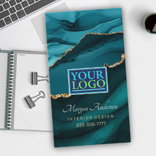 Elegant Guld & Teal Agate, QR Code Logotyp Pro Visitkort