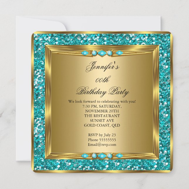 Elegant Guld Teal Blue Faux Glitter Födelsedagsfes Inbjudningar (Framsida)