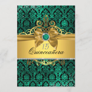 Elegant Guld Teal Damask Quinceanera Inbjudan