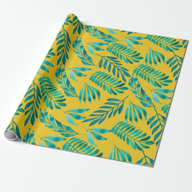 Elegant Guld Teal Foliage Löv Mönster Gift Presentpapper (Utrullad)