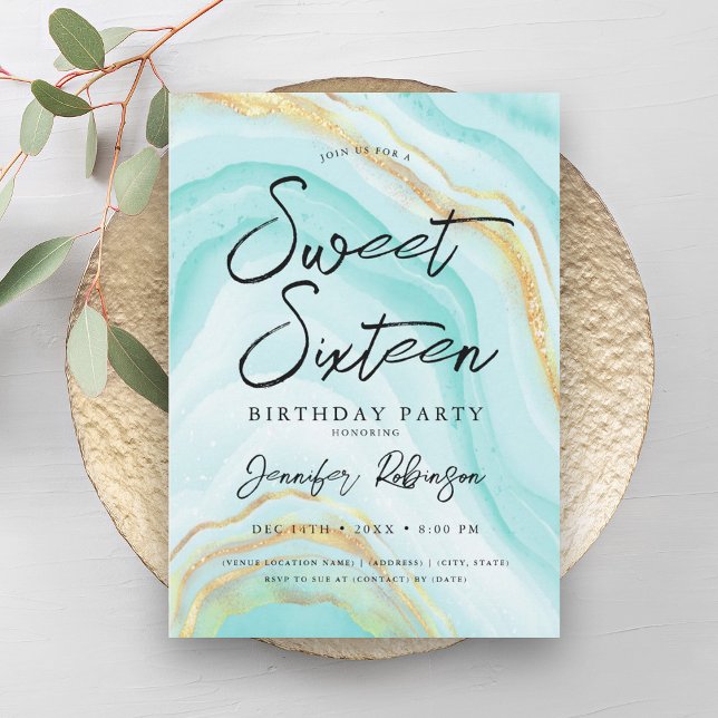 Elegant Guld Teal Glitter Chic Marble Sweet 16 Inbjudningar (Elegant Gold Teal Glitter Chic Marble Sweet 16 Invitation)
