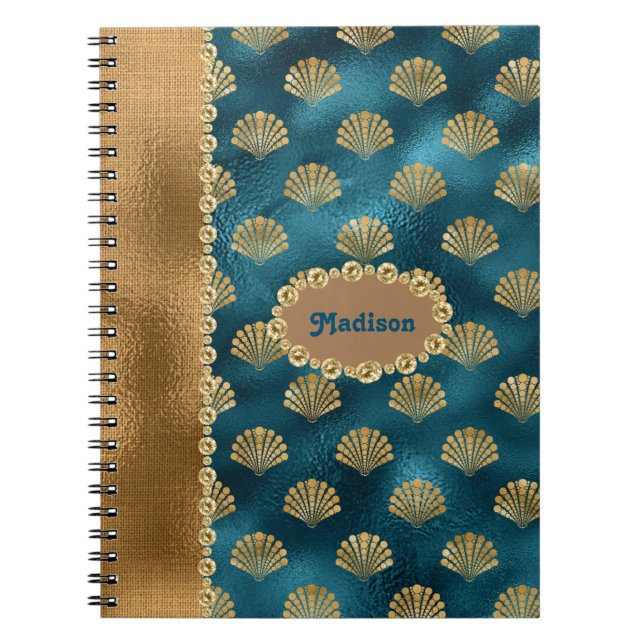 Elegant Guld Teal Metallic Snäckas Personalize Nam Anteckningsbok (Framsidan)