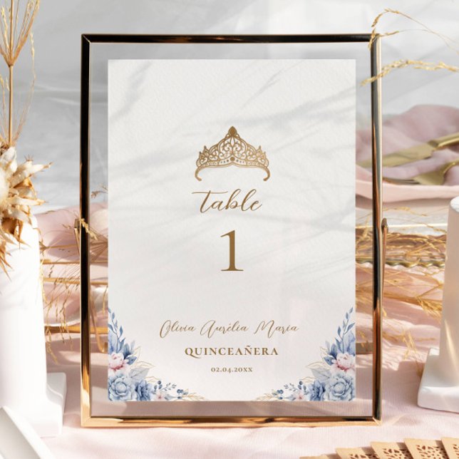 Elegant Guld Tiara Blue Blommigt Quinceañera Bordsnummer (Skapare uppladdad)