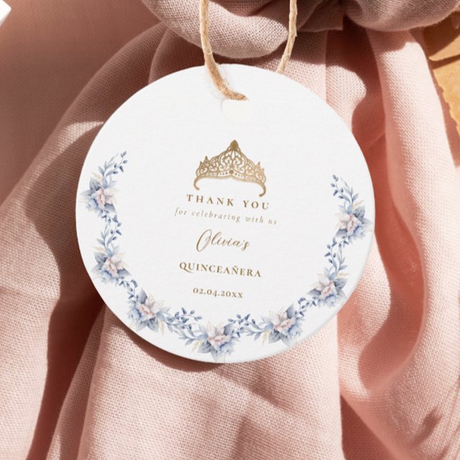 Elegant Guld Tiara Blue Blommigt Quinceañera Gåvor Etiketter (Skapare uppladdad)