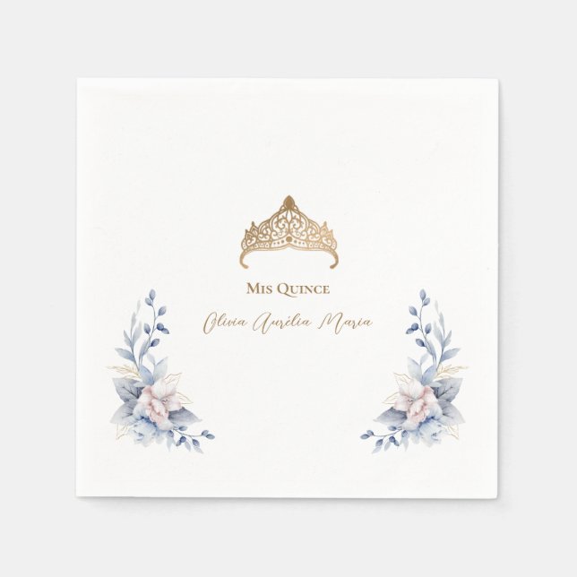 Elegant Guld Tiara Blue Blommigt Quinceañera Pappersservett (Framsidan)
