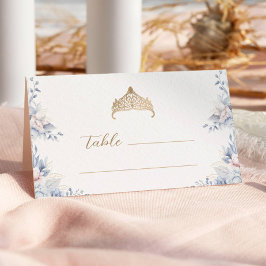 Elegant Guld Tiara Blue Blommigt Quinceañera Placeringskort