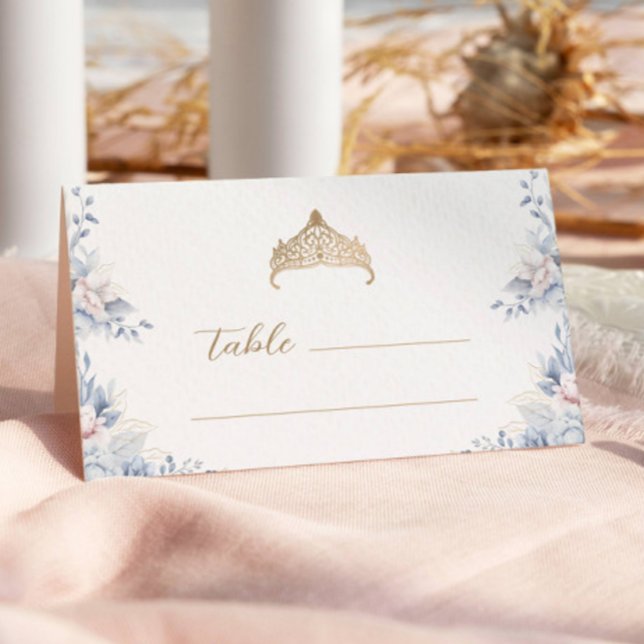 Elegant Guld Tiara Blue Blommigt Quinceañera Placeringskort (Skapare uppladdad)