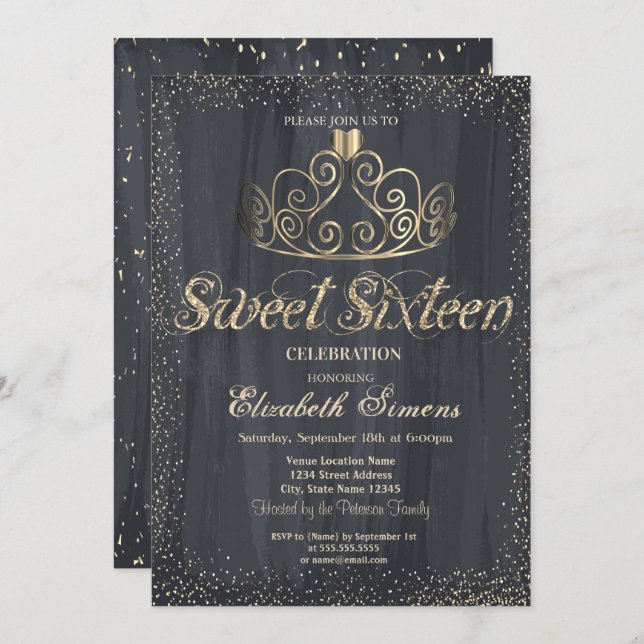 Elegant Guld Tiara Confetti Princess Sweet 16 Inbjudningar (Fram/baksida)