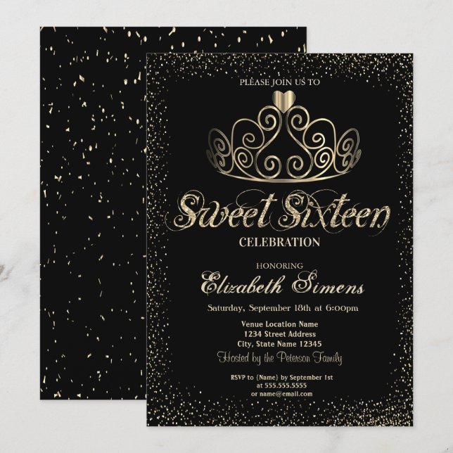 Elegant Guld Tiara Confetti Sweet 16 Inbjudningar (Fram/baksida)