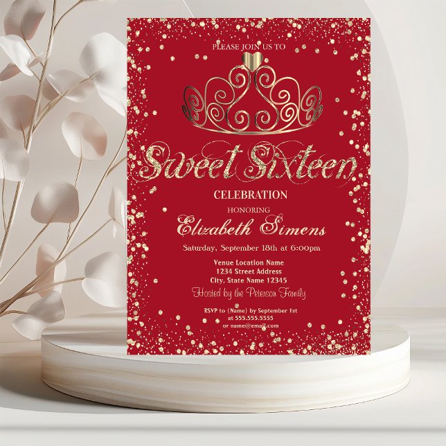 Elegant Guld Tiara Diamonds Confetti Red Sweet 16 Inbjudningar (Skapare uppladdad)
