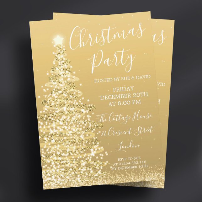 Elegant Guld Träd jul Party vid Glitter Inbjudningar (Elegant Gold Glitter Tree Christmas Party Invitation)