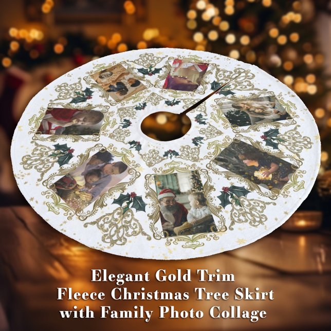 Elegant Guld Trim-familjens julfotopassage Julgransmatta Fleece (Elegant Gold Trim Fleece Christmas Tree Skirt with Family Photo Collage featuring 7 photos)