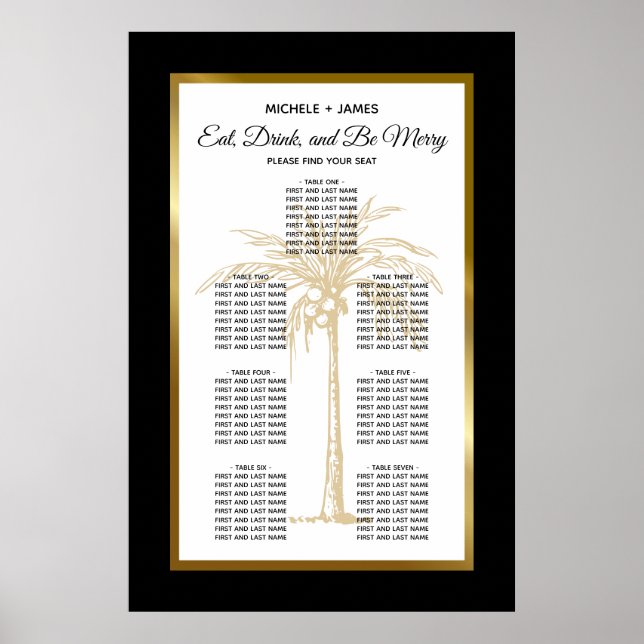 Elegant guld tropisk palmbröllops sittplatskarta poster (Framsidan)