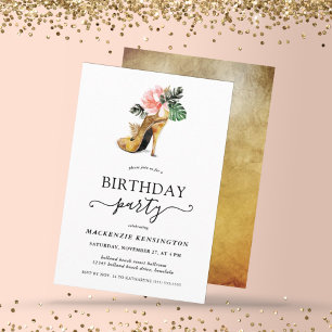 Elegant Guld Tropiska Blommigten Guld Heels Birthd Inbjudningar