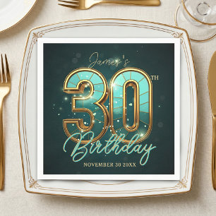 Elegant guld turkos 3D-typografi 30-årsdag Pappersservett