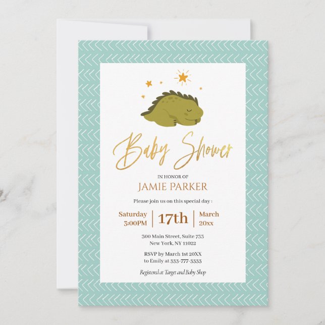 Elegant Guld Typografi Cute Dinosaur Baby Shower Inbjudningar (Framsida)