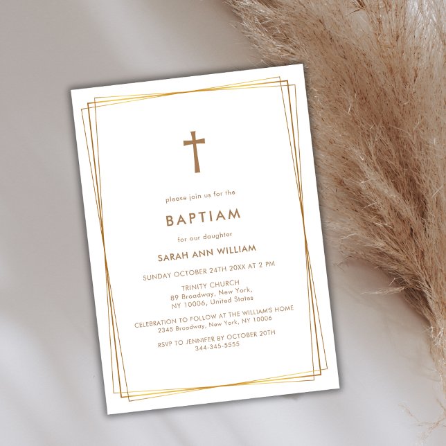 Elegant Guld Typografi Kor Ram-baptism Inbjudningar (Elegant Gold Typography Cross Frame Baptism Invitation)