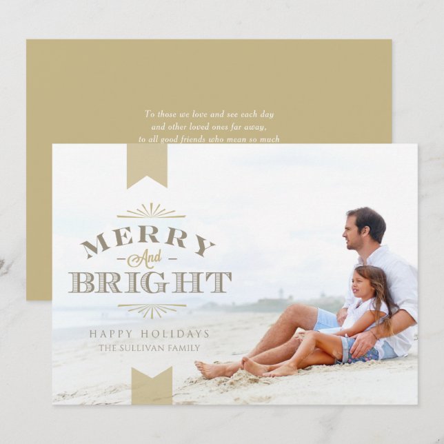 Elegant Guld Typografi Merry och Bright Photo Julkort (Fram/baksida)