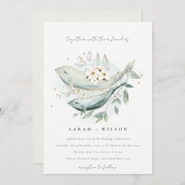 Elegant Guld under Blommigten Fiskbröllop under va Tack Kort (Fram/baksida)