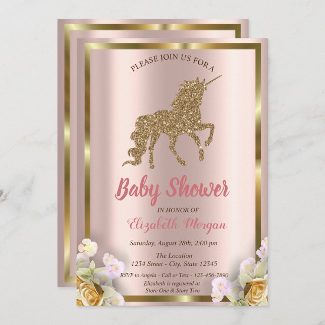 Elegant Guld Unicorn Blommigt Baby Shower in Inbjudningar (Fram/baksida)