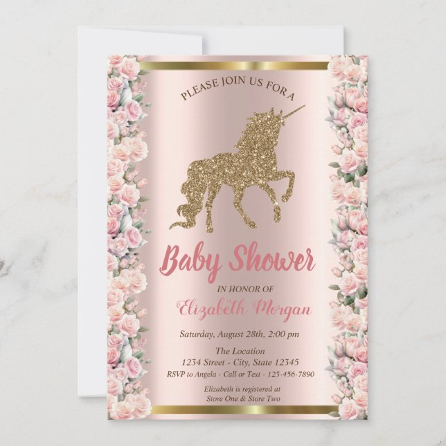 Elegant Guld Unicorn Ro Baby Shower Inbjudningar (Framsida)