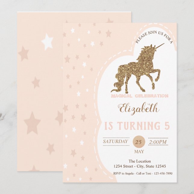 Elegant Guld Unicorn, Stars Birthday Inbjudningar (Fram/baksida)