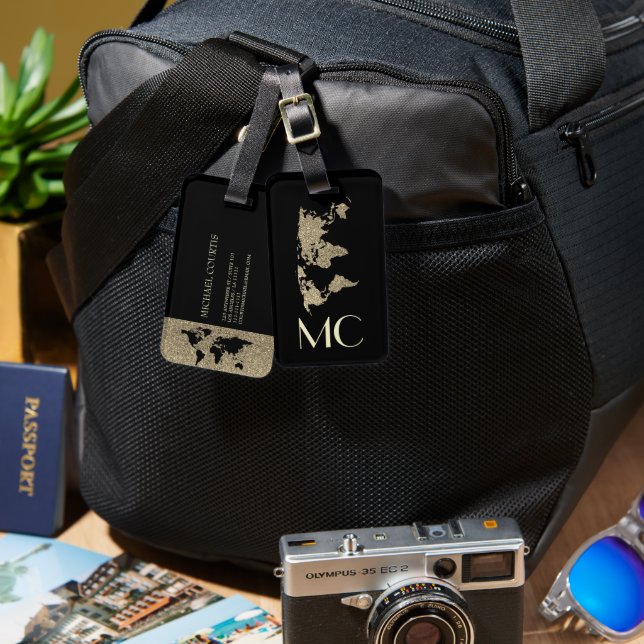 Elegant Guld: Världskarta över resande i Monogramm Bagagebricka (Fram & Baksida)