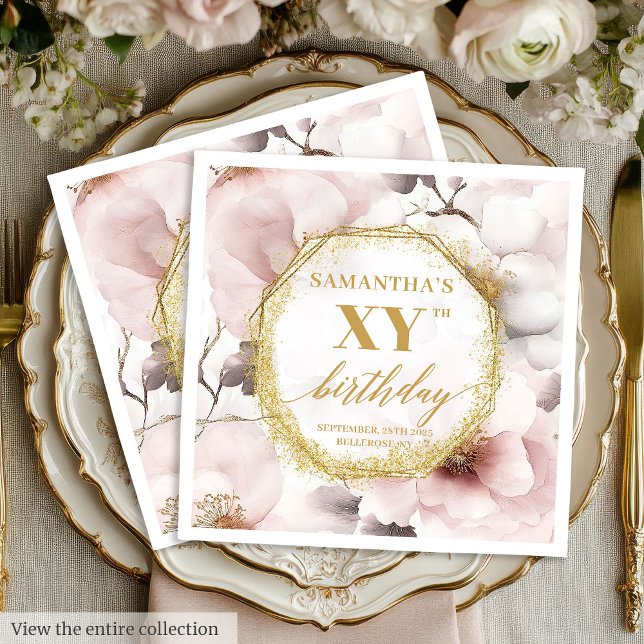 Elegant  Guld vattenfärg 80 födelsedagsnapkins Pappersservett (Elegant Blush Gold Watercolor 80 Birthday Napkins)