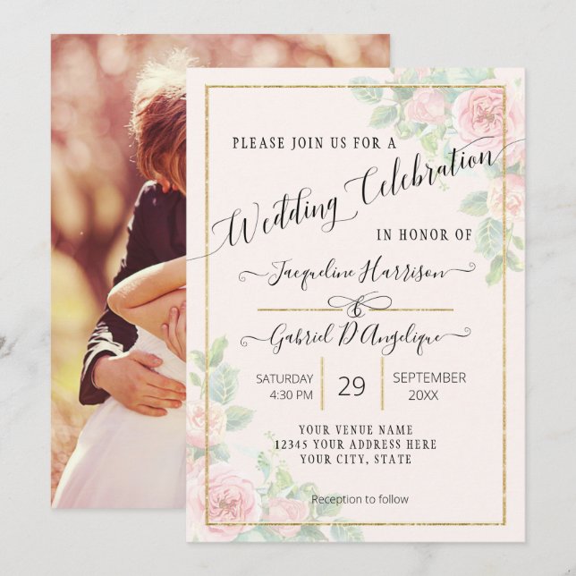 Elegant Guld Vattenfärg Blommig Skrift Bröllopsinb Inbjudningar (Fram/baksida)