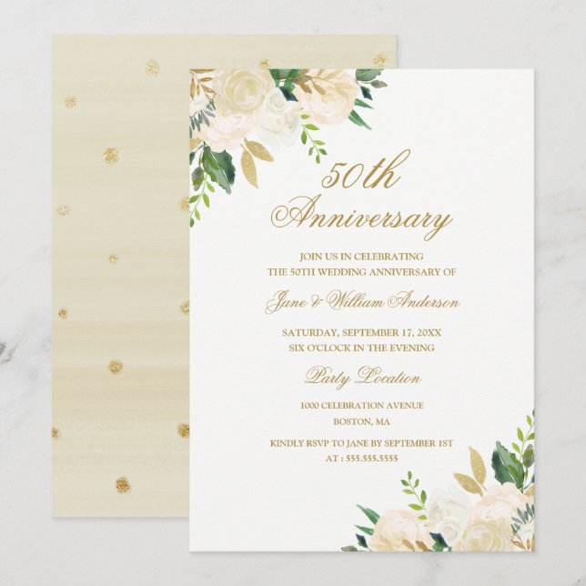 Elegant guld vattenfärg blomsterjubileum inbjudningar (Fram/baksida)