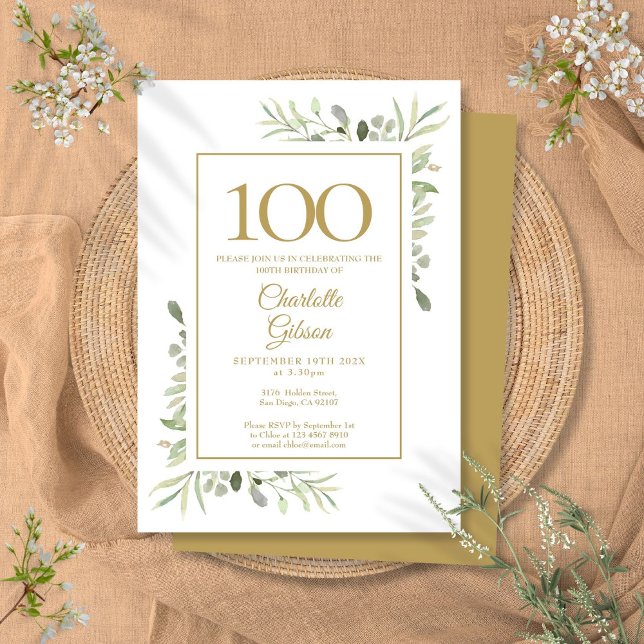 Elegant guld vattenfärg grönska 100-årsdag inbjudningar (Elegant Gold Watercolor Greenery 100th Birthday Invitation)