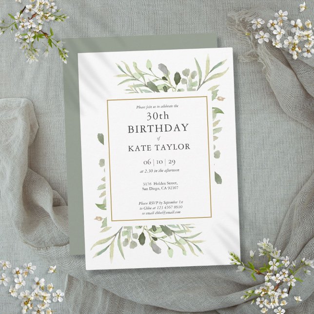 Elegant Guld Vattenfärg Grönska 30-årsdag Inbjudningar (Elegant Gold Watercolour Greenery 30th Birthday Invitation)