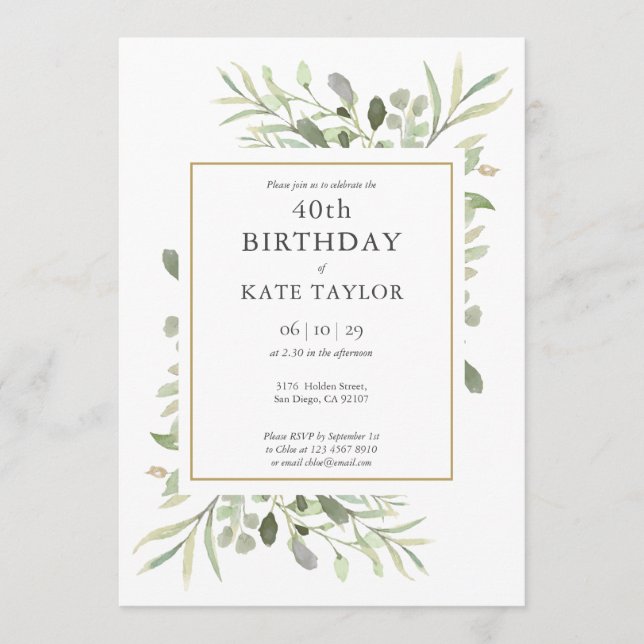 Elegant guld vattenfärg grönska 40-årsdag inbjudningar (Framsida)