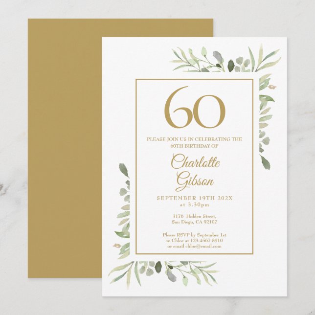Elegant guld vattenfärg grönska 60-årsdag inbjudningar (Fram/baksida)