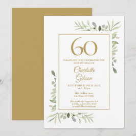 Elegant guld vattenfärg grönska 60-årsdag inbjudningar