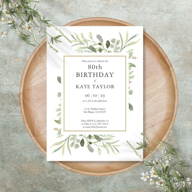 Elegant guld vattenfärg grönska 80-årsdag inbjudningar (Elegant Gold Watercolour Greenery 80th Birthday Invitation)