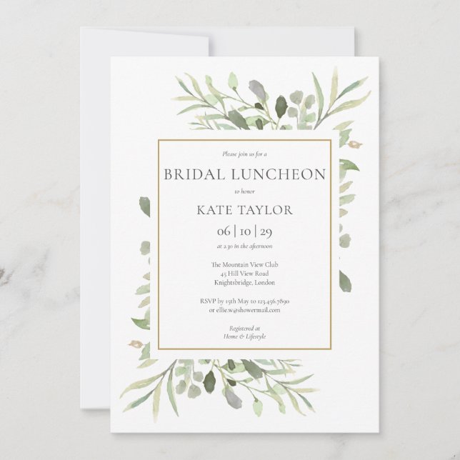 Elegant guld vattenfärg grönska bröllopslunch inbjudningar (Framsida)