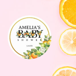 Elegant Guld Vattenfärgsfilter Citrus Baby Shower Runt Klistermärke
