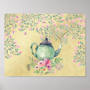 Elegant guld- vattenfärgtekanna och blommor poster