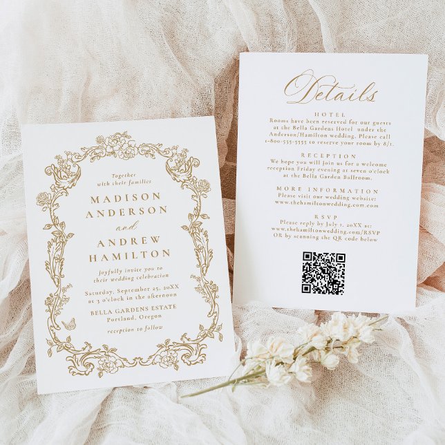 Elegant guld viktoriansk blomster bröllop allt i e inbjudningar (Skapare uppladdad)