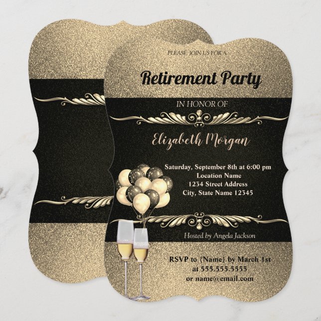 Elegant Guld Vin Glas, Ballons, Pension Party Inbjudningar (Fram/baksida)