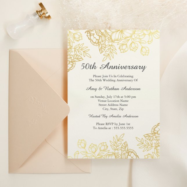 Elegant Guld Vintage Blommigt 50-årsjubileum Inbjudningar (Skapare uppladdad)