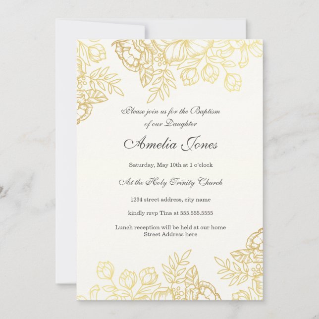 Elegant Guld Vintage Blommigt Baptism Inbjudningar (Framsida)