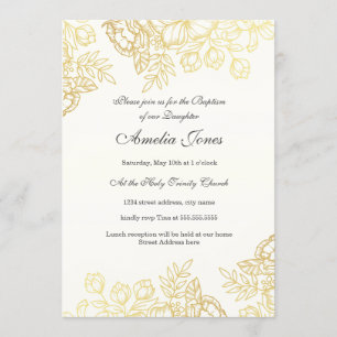 Elegant Guld Vintage Blommigt Baptism Inbjudningar