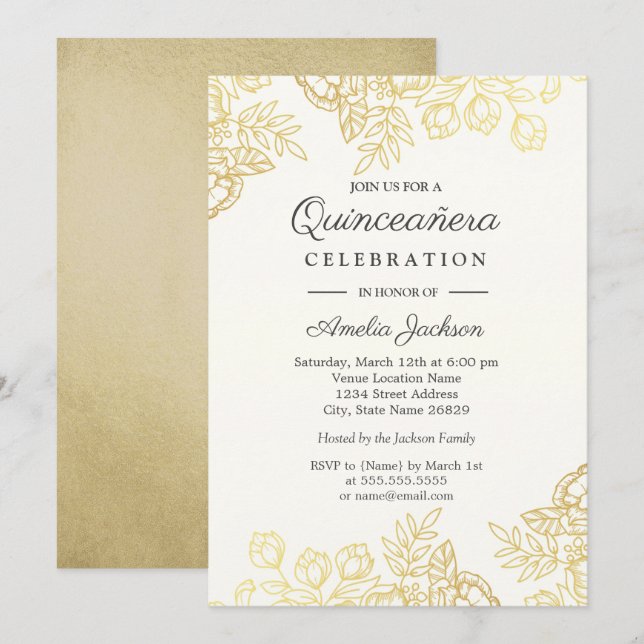 Elegant Guld Vintage Blommigt Quinceanera Inbjudan (Fram/baksida)