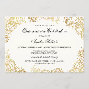 Elegant guld vintage blomsterlig Quinceanera inbju Inbjudningar