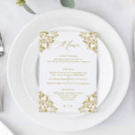 Elegant Guld Vintage Classic Bröllop Meny<br><div class="desc">Elegant Guld Bröllop Menu: Den här lyxmenyn vintage bröllop är perfekt för en elegant,  klassisk bröllop. Den har en vintage eller gräns med modern och elegant kalligrafi. Se alla matchande produkter från elegant guld bröllop nedan.</div>
