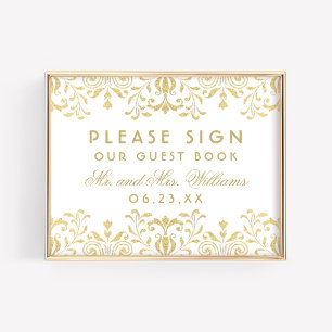 Elegant Guld Vintage Glamor Bröllop Guest Bok Poster