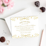 Elegant Guld Vintage Glamor Bröllop Spara Datumet<br><div class="desc">Elegantens vintage inspirerade bröllop spara datum till att tillkännage en champagne guld färgad eller dekorativ gräns-design som har ett metalliskt shimmer-texturerat utseende. Alternativet Luxe Pearl Shimmer-bilar förbättrar det metalliska utseendet på guld färg.</div>