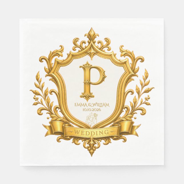 Elegant guld vintage monogram krönings bröllop pappersservett (Framsidan)